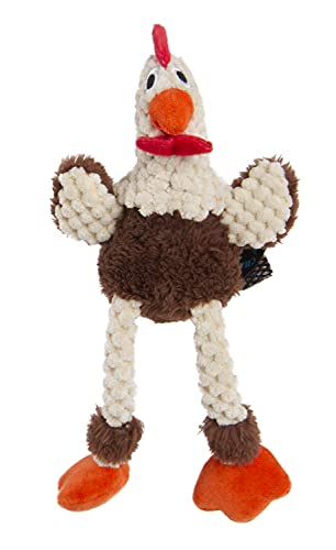 Worldwise goDog Checkers Skinny Brown Rooster with Chew Guard Technology Durable Plush Squeaker Dog Toy, Mini Brown