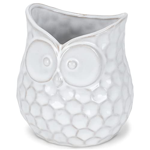 Napco Dimple Pattern Owl 4.5 Inch Distressed White Ceramic Flower Pot Planter