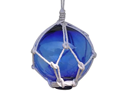 Hampton Iron Handcrafted Model Ships Blue Japanese Glass Ball Fishing Float with White Netting Decoration 3"- Glass