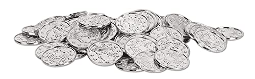 Beistle 100 Piece Silver Embossed Plastic Coins for Western Casino and Pirate Theme Treasure Chest Party Favors, 1.5"