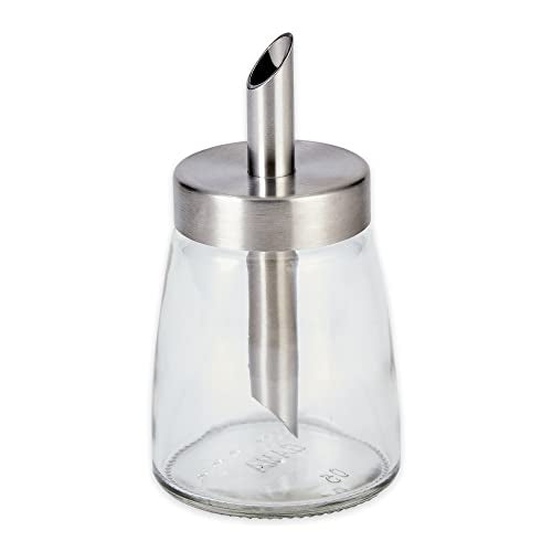 RSVP International Glass Sugar Dispenser with Pour Spout Stainless Steel Lid, Sleek Decorative Design for Countertop, Cabinet or Coffee Bar, 2.5x5.2x5