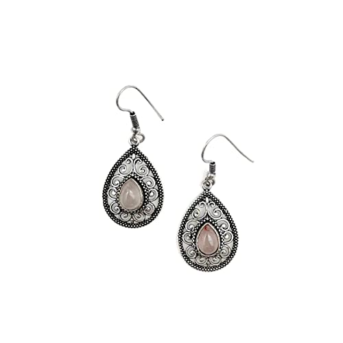 Anju Tanvi Earrings with Semiprecious Rose Quartz Stone for Women, Silver-Plated