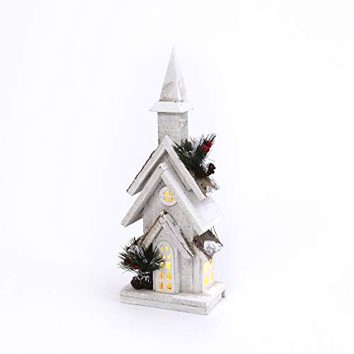 Gerson 2429690 Lighted Wood Church with Pine and Berry Accent with Timer, 15.2-inch Height