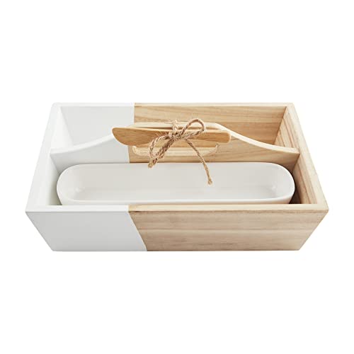 Mud Pie White Two-Tone Tray and Dish Set, 12.5 inches, Paulownia Wood