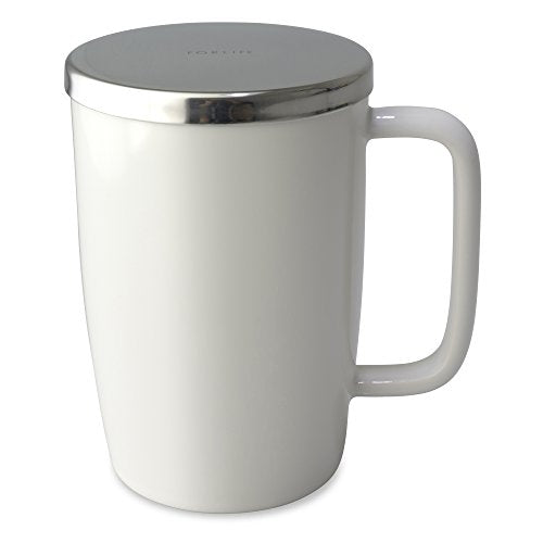 FORLIFE Dew Glossy Finish Brew-In-Mug with Basket Infuser & "Mirror" Stainless Lid 18 oz., White