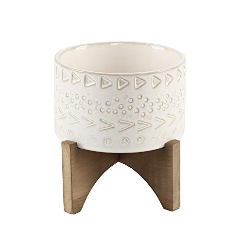 Flora Bunda Mid-Century 5 Inch Caveman Texture Ceramic Planter on Wood Stand, Ivory Caveman 5"