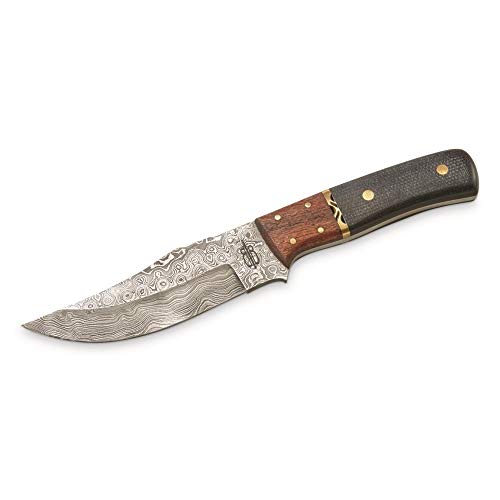 BnB Knives Buck n Bear Sharp Custom Handmade 1095 Rain Drop Damascus Fixed Blade Hunting Knife with Leather Sheath (Micarta/Wood Handle)
