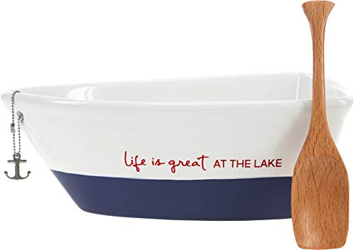 Pavilion Gift Company 67541 12 Oz Stoneware Boat Dish Server With Wooden Oar Scoop Life Is At The Lake, Blue