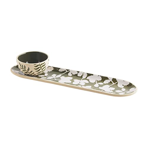 Mud Pie Pinehill Green Dip Bowl and Tray Set,tray 3 3/4" x 16" dip bowl 2" x 3 3/4" dia, Green