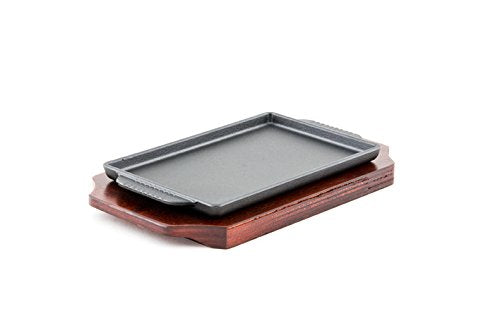 FMC Fuji Merchandise Cast Iron Steak Plate Sizzle Griddle with Wooden Base Steak Pan Grill Fajita Server Plate Restaurant or Home Use (7.5" x 4.75")