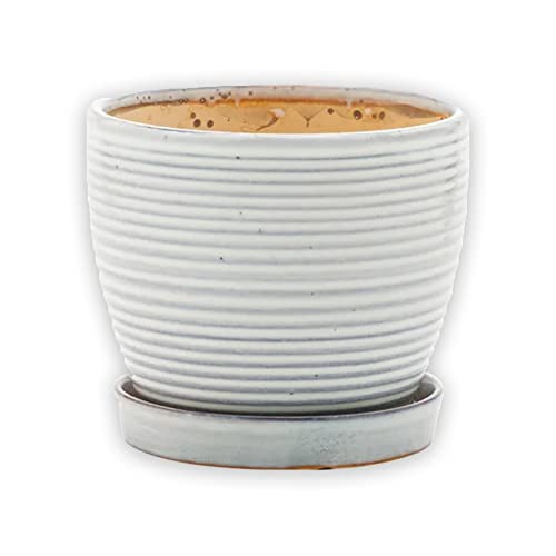 Napco 13920 Ribbed White 4.75 x 5.5 Ceramic Standing Container Garden Planter Pot with Saucer