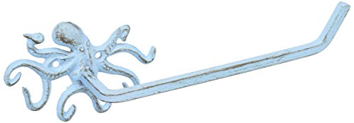 Hampton Nautical K-9205-solid-light-blue Rustic Light Blue Cast Iron Octopus Toilet Paper Holder 11" - Beach Bathroom Decor - Beach Decor - Cast Iron