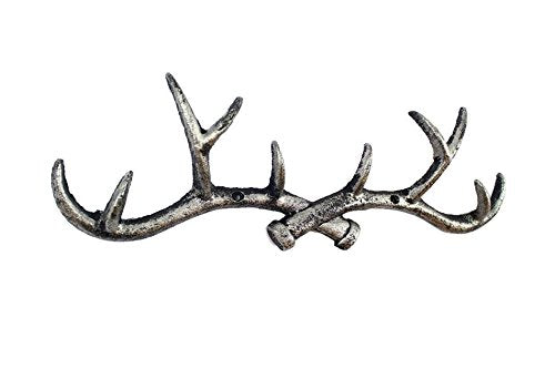 Handcrafted Model Ships Rustic Silver Cast Iron Antler Wall Hooks 15" - Iron Hook - Deer Wall Decor