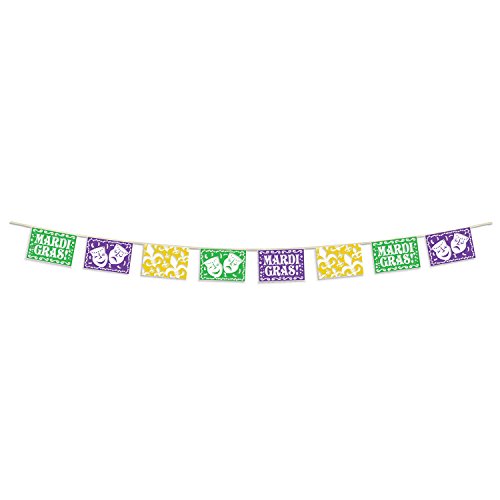 Beistle Weather Plastic Picado Style Pennant Banner Mardi Gras Photography Background Party Decorations New Orleans Hanging D‚Äö√†√∂¬¨¬©cor, 8" x 12', Green/Yellow/Purple