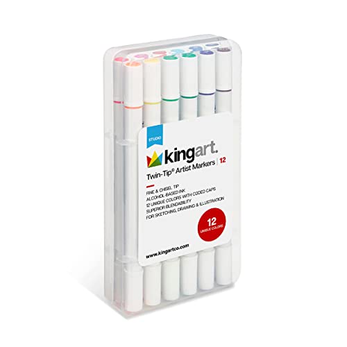 KINGART Studio Twin-Tip‚Ñ¢ Permanent Alcohol-Based Sketch Markers, Storage/Travel Case, Set of 12 Unique Colors