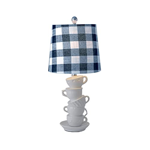 Ganz CB173201 Stacked Teacup Table Lamp with Blue and White Gingham Shade, 24-inches Length