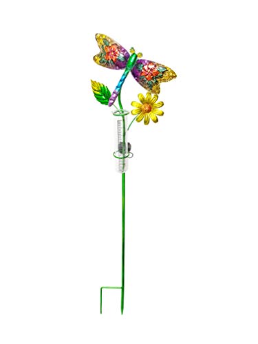 Continental Art Center CAC3612682 Solar Lighted Garden Stake Decorative Rain Gauge Stake, Dragonfly, Multicolor