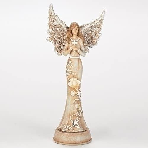 Roman Embossed Blossom Flowers Angel 11 inch Resin Stone Table Top Figurine Statue