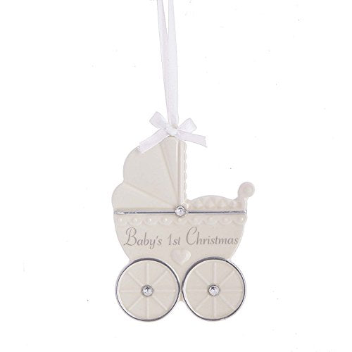 Ganz Midwest CBK Baby's First Birthday Pram Carriage White 4 x 3 Inch Earthenware Christmas Ornament