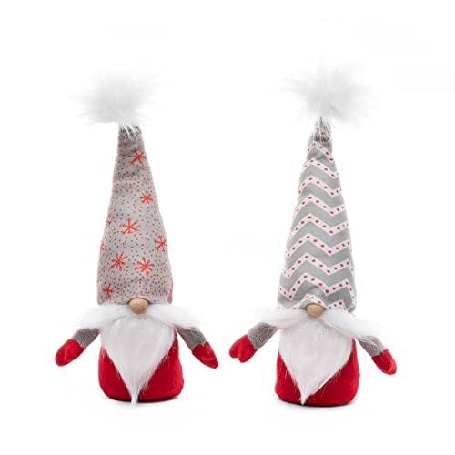 MeraVic Cheers Gnome Duo Red/Grey with Wired Hat, Fur Pom-Pom, Wood Nose, White Mustache/Beard and Arms Chevron/Snowflake, Set of 2, 14 Inches, Christmas Decoration