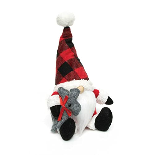 MeraVic Buffalo Plaid Gnome with Wired Red/Black Plaid Pom-Pom Hat, Wood Nose, White Beard, Red/White Suit, Legs and Arms Holding Deer, 9.5 Inches, Christmas Decoration
