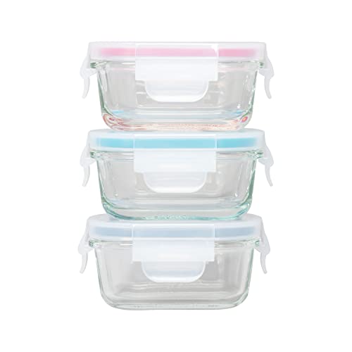 GENICOOK Borosilicate Glass Small Baby-Size Meal and Food Storage Containers, Rectangular Shape - 6 pc Set (3 Containers - 3 Matching Lids)