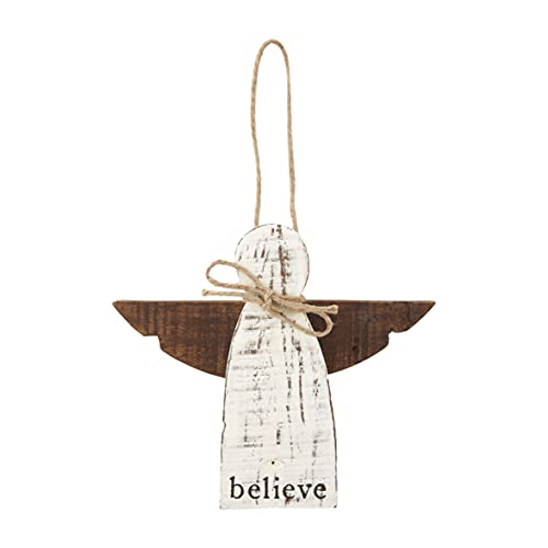 Mud Pie Wooden Angel Ornament, Believe, 5" x 5.5", White and Brown
