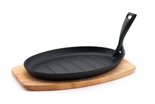 FMC Fuji Merchandise Oval Shape cast iron Steak Plate Sizzle Griddle With Wooden Base Grill Fajita Serving Plate Enameled Coating