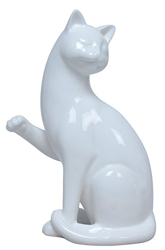 US 6.5 Inch White Porcelain Cat Sitting Lifting Right Paw Looking Left