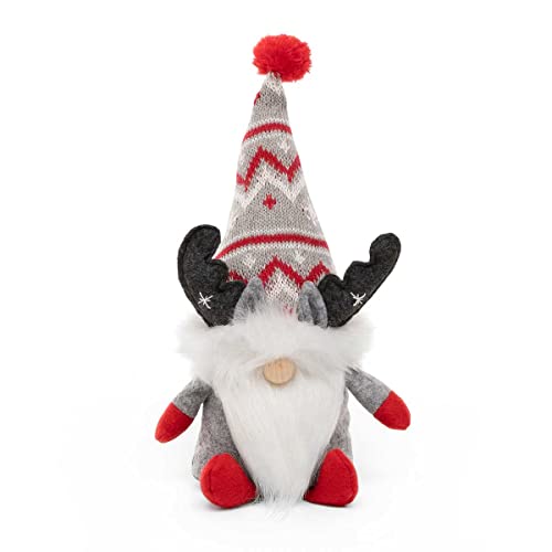 MeraVic Holiday Moose Gnome with Grey&Red Sweater Hat, Stitched Snowflake On Antlers, Wood Nose, 11 Inches - Christmas Decoration
