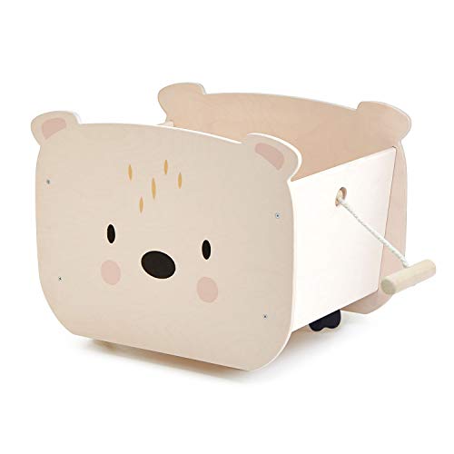 Tender Leaf Toys - Pull Along Bear Cart for Kids - Wooden Cart with Wheels for Moving Play Toys Books for Kids 3 Years+