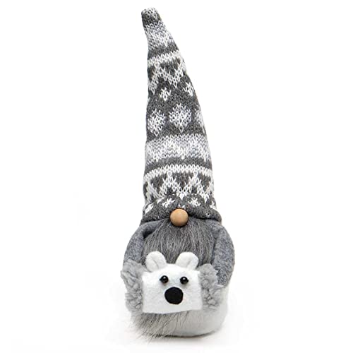 MeraVic Poli Bear Gnome with Sweater Hat, Wood Nose, Grey Beard, Sherpa Trim, Arms and Polar Bear Muff Small, 8 Inches - Christmas Decoration