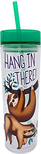 Spoontiques 22117 Tall Cup Tumbler with Straw, 16 Oz (Sloth)