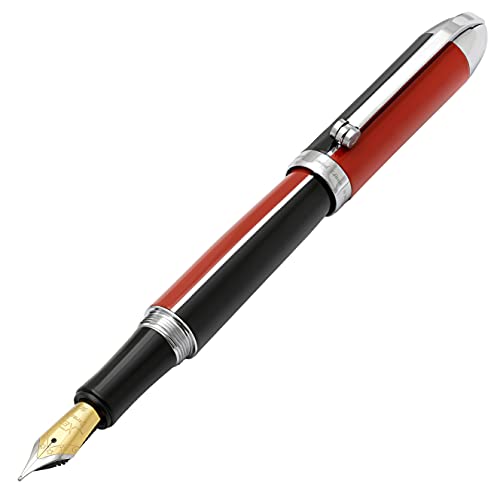 Xezo Visionary Medium Brass and Aluminum Fountain Pen, Hand Lacquered in Red and Black Color. Numbered in Limited Edition of 500. Classic Art Deco Color Disposition, Retrofuturistic Body Style