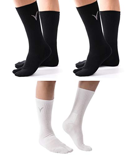 V-Toe Socks 3 Pairs Combo - Athletic Tabi Flip Flop Socks V Toe Sports Or Casual Wear - White & Black