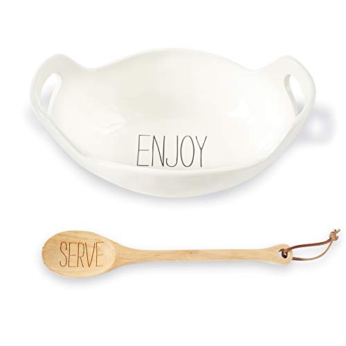 Mud Pie Vintage Inspired Handles Serving Bowl Set,Bowl 5in x 13in;spoon 12in long, White