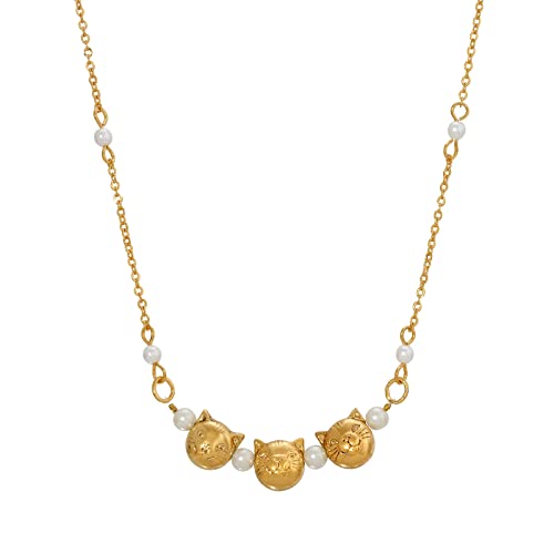 1928 Jewelry Triple Cat Face With Costume Pearl Chain Necklace 16" + 3" Extender