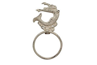 Hampton Iron Whitewashed Cast Iron Arching Mermaid Towel Holder 9" - Home Wall Decor - Beach