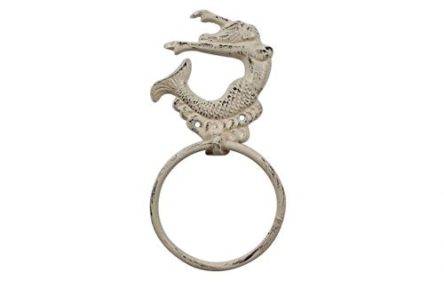 Hampton Iron Whitewashed Cast Iron Arching Mermaid Towel Holder 9" - Home Wall Decor - Beach