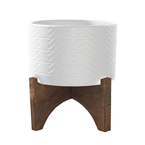 Flora Bunda Mid-Century 5 Inch Wavy Ceramic Planter on Wood Stand,Matte White Wavy 5"