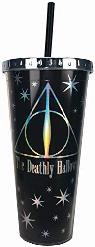 Spoontiques 21608 Deathly Hallows Foil Cup w/Straw, 20 ounces, Black