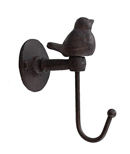 CTW 520013 Decorative Cute Metal Bird Wall Mounted Hook for Hanging Pet Leashes Coats Scarfs Bags Keys Caps Hats Towels Cast Iron Metal, Rustic Country Farmhouse Style Home Decor, Brownish Black