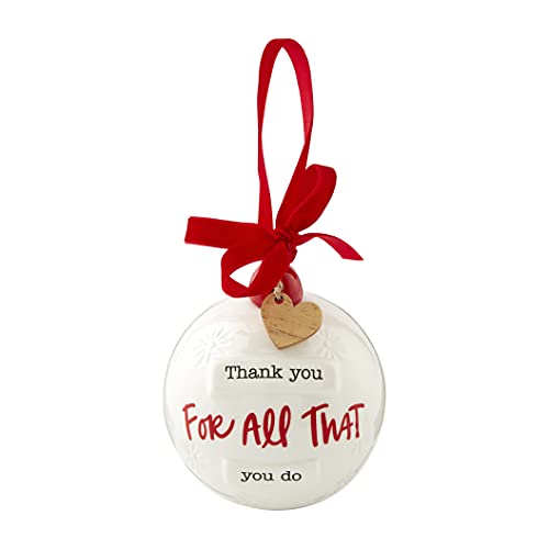 Mud Pie Ceramic Christmas Ball Ornament, Thank You, 4.5" x 4", Dolomite