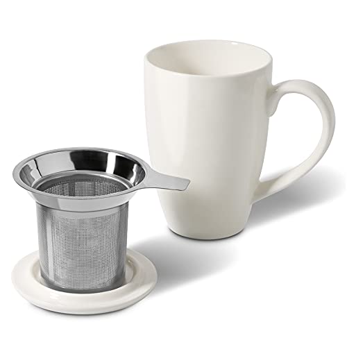 ComSaf Ceramic Tea Mug with Infuser and Lid, 16 OZ Large Porcelain Mug with Tea Filter for Loose Leaf Tea/Tea Bag, Tea Steeping Cup for Office Home, White