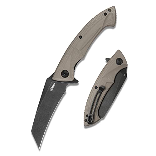 KUBEY KU212 Folding Pocket Knife with Clip, Glass-Filled G10 Handle, 3.4" TantoPoint D2 Steel Blade, Ceramic Ball Bearing Washer via Flipper and Liner Lock (Khaki/BlackTitanium^Bursh)