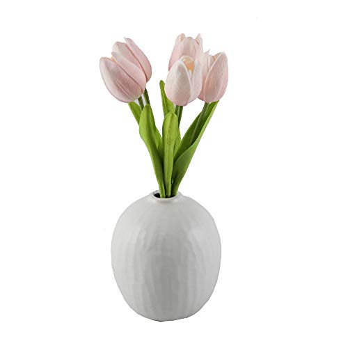 Flora Bunda Artificial Flowers Real Touch Pink Tulips in 5 in H Ceramic Vase, 11.25 in H Include. Matte White Vase, Potted Fake Tulips for Wedding Centerpiece Office Home Decorations (Vase Included)