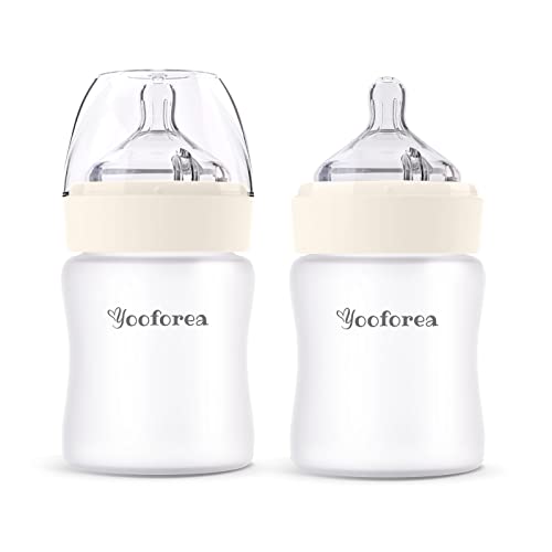 Yooforea Silicone Coated Glass Baby Bottle, 2M+ Medium Flow Nipple I Anti-Colic, Wide Neck, Stable Base I Medical-Grade Silicone Coating for Shatter Protection, BPA BPS PVC Free (2 Pack, 5 Oz-Cream)