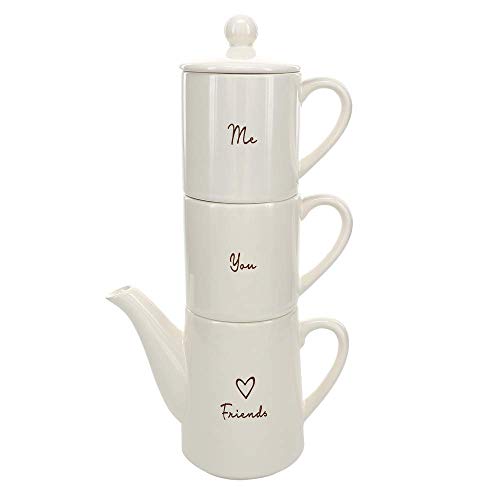 Pavilion Gift Company Friends 15 oz Teapot With 2 Me & You 8 oz Mugs Stackable Tea For Two Set, Cream