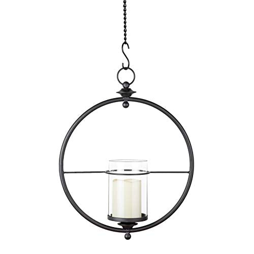 Danya B. Decorative Indoor/Outdoor Candle Holder - Round Wrought Iron Hanging Wall Sconce with Glass Hurricane for Pillar Candles