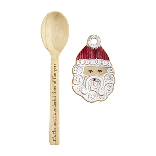 Mud Pie Stoneware Christmas Spoon Rest Set,Spoon rest measures 3.65" x 5.75" wooden spoon 11" long, Santa